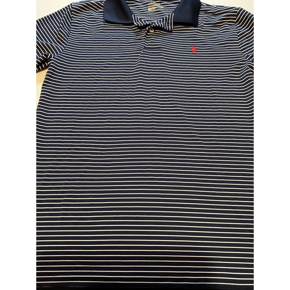 Ralph Lauren Polo Shirt Mens Large Navy‎ White Stripe Red Pony Performance
